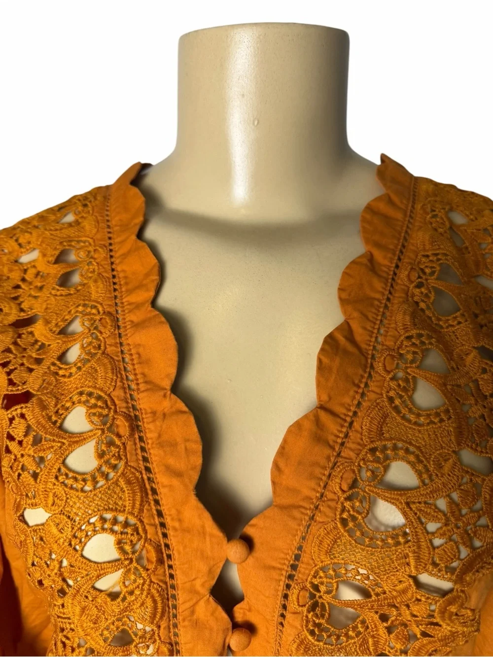 Free People Louella Embroidered Blouse Orange Puffed Sleeve NWT Size small